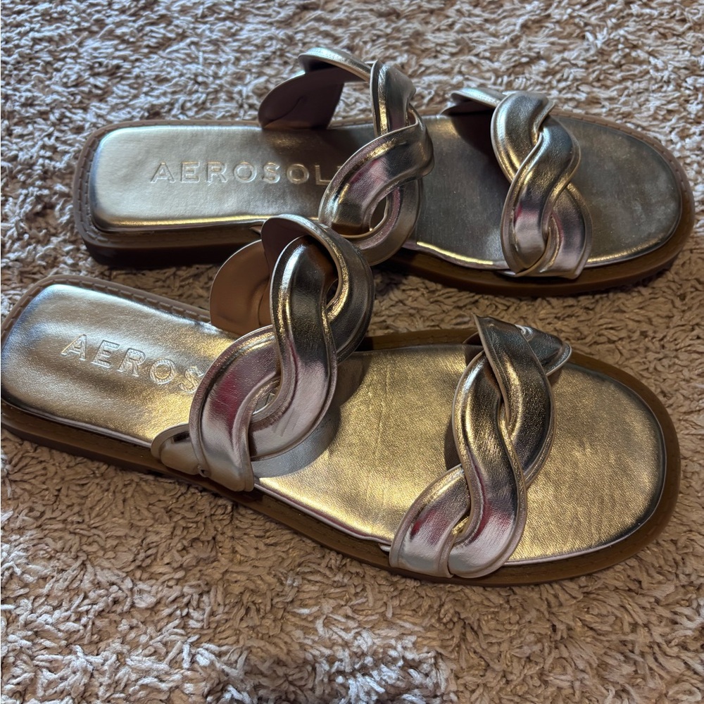 Aerosoles Gold Metallic Braided Slide Sandals Women's Size 10